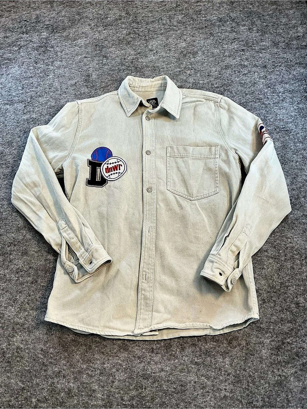Zara DWNR Relaxed Fit Embroidered Denim Shirt Jacket in Cream Size Medium